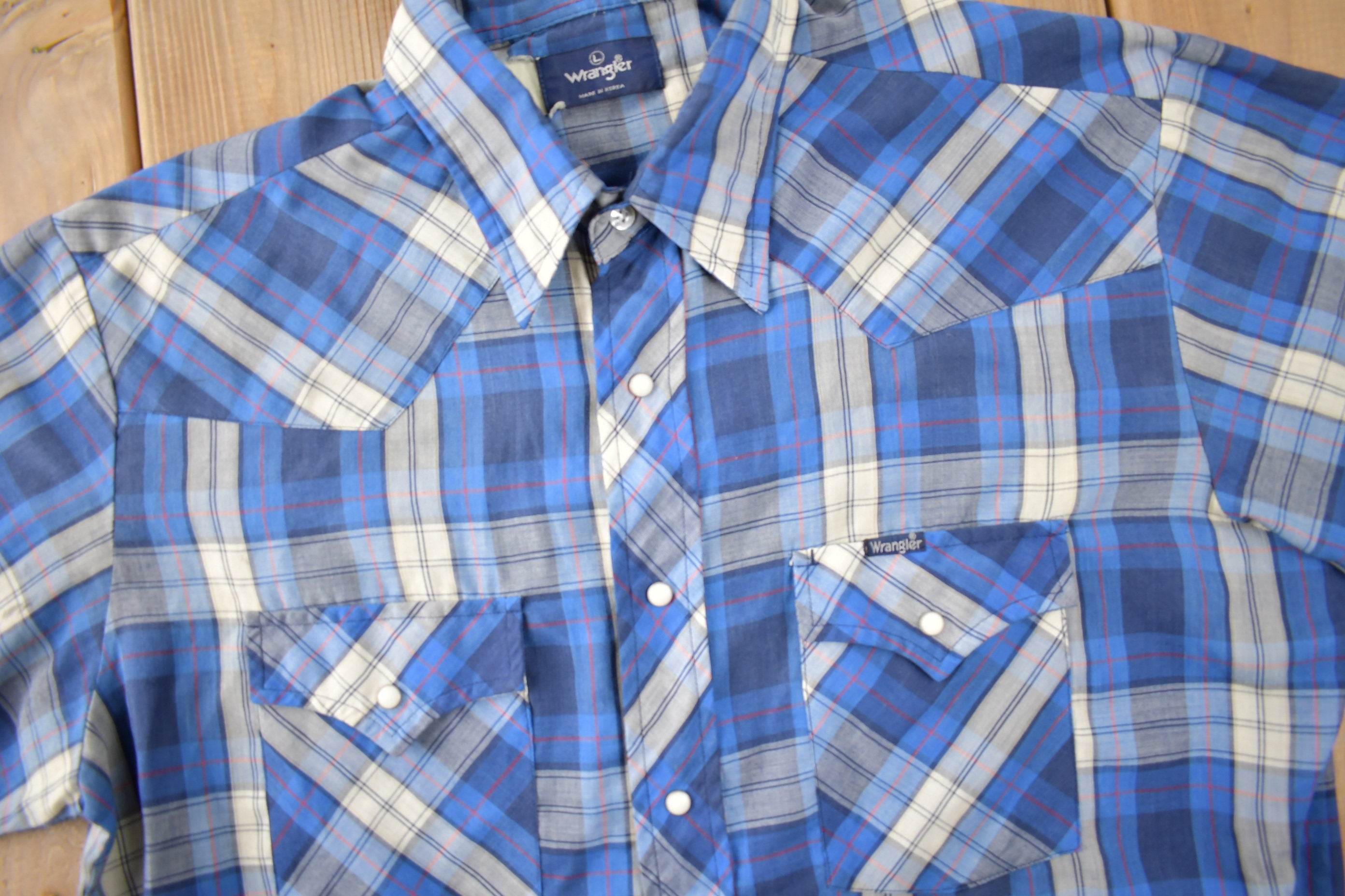 Vintage 1990s Wrangler Western Shirts Pearl Snap Short Sleeve Plaid Button Up Shirt Size L