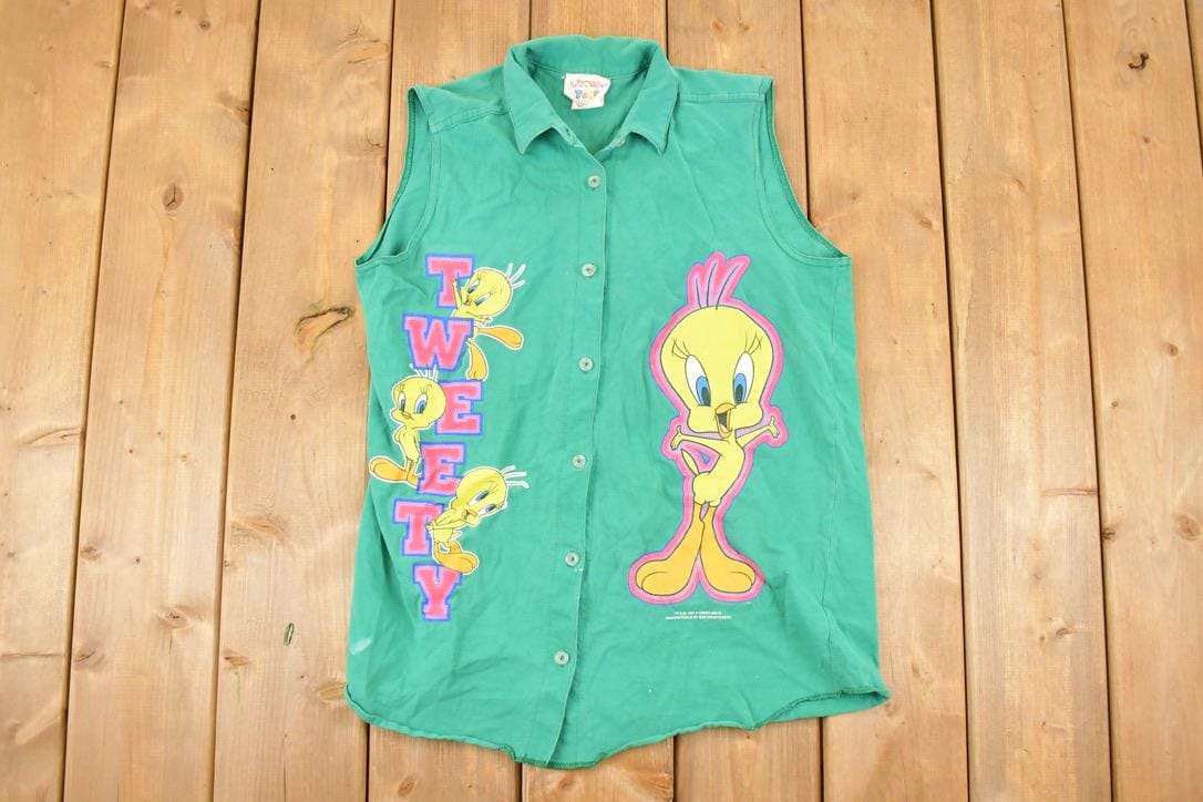 Vintage 1990s Looney Tunes Tweety Bird Cartoon Button Up Shirt Womens M