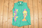 Vintage 1990s Looney Tunes Tweety Bird Cartoon Button Up Shirt Womens M / Neon 90's Shirt
