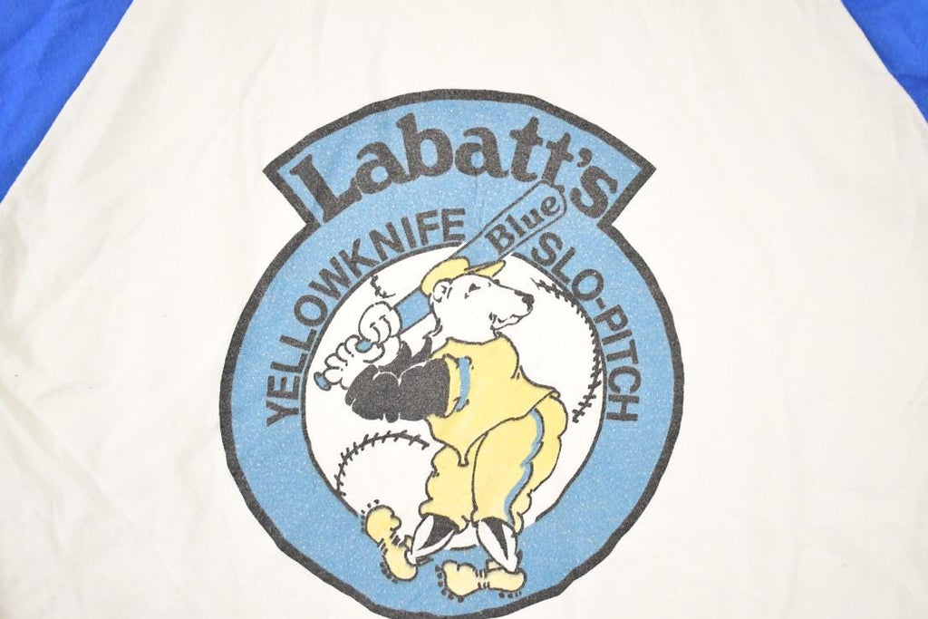 Vintage 1980s Labatts Yellowknife Slo Pitch Souvenir Baseball Raglan T-Shirt Men's M