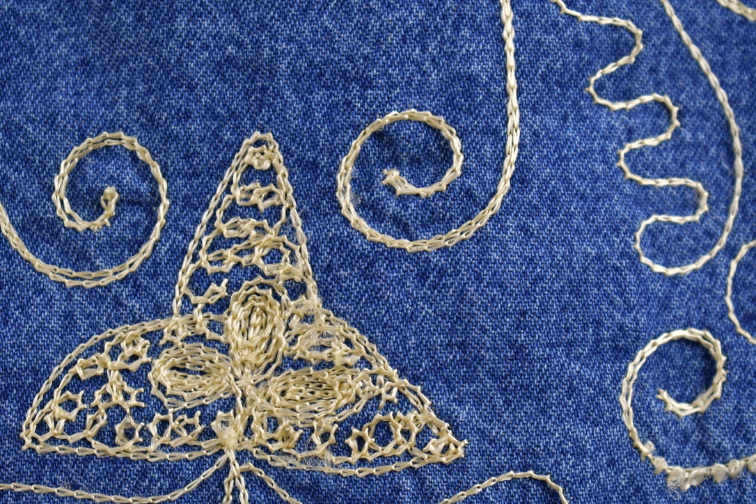 Vintage 1990s Abstract Pattern Denim Chain Stitched Jean Jacket