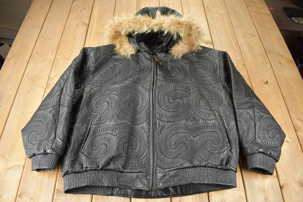 Vintage 1990s Tanners Avenue Leather Mosaic Embroidered Bomber Jacket
