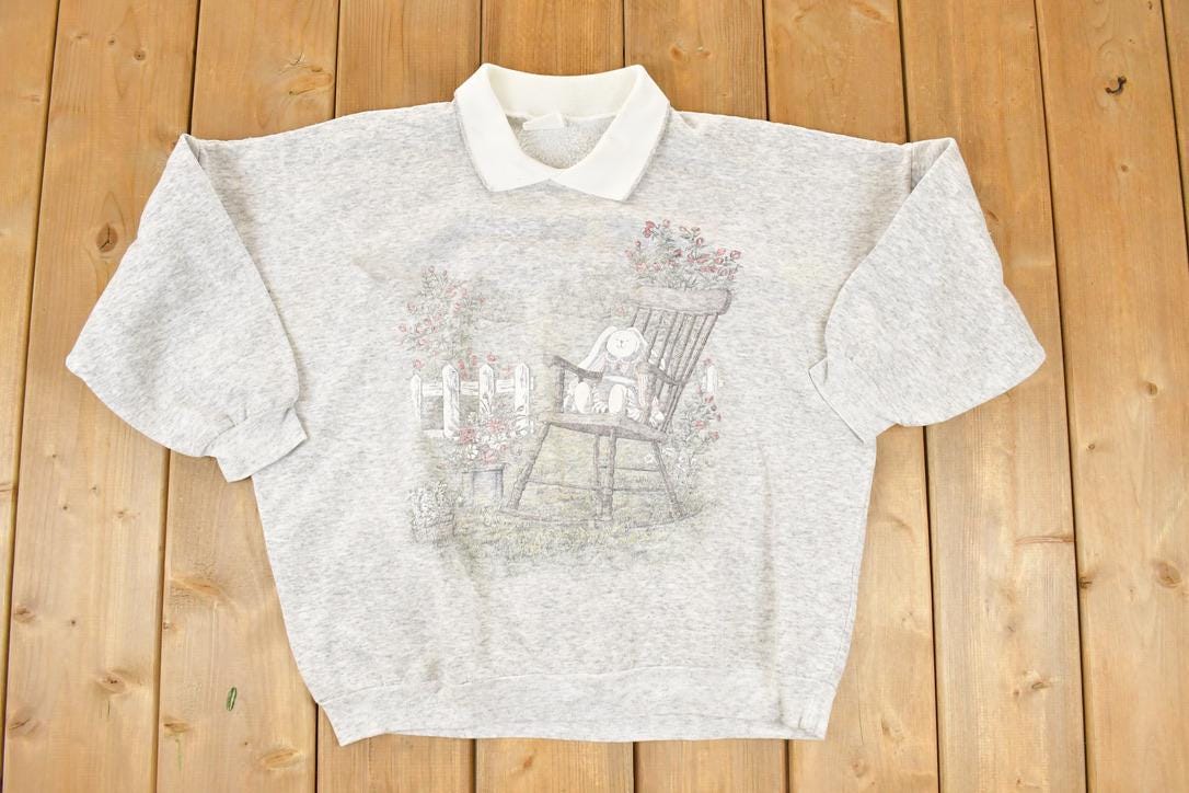 Vintage 1990s Bunny Teddy Country Cute Collared Cartoon Crewneck Sweatshirt Women's XL