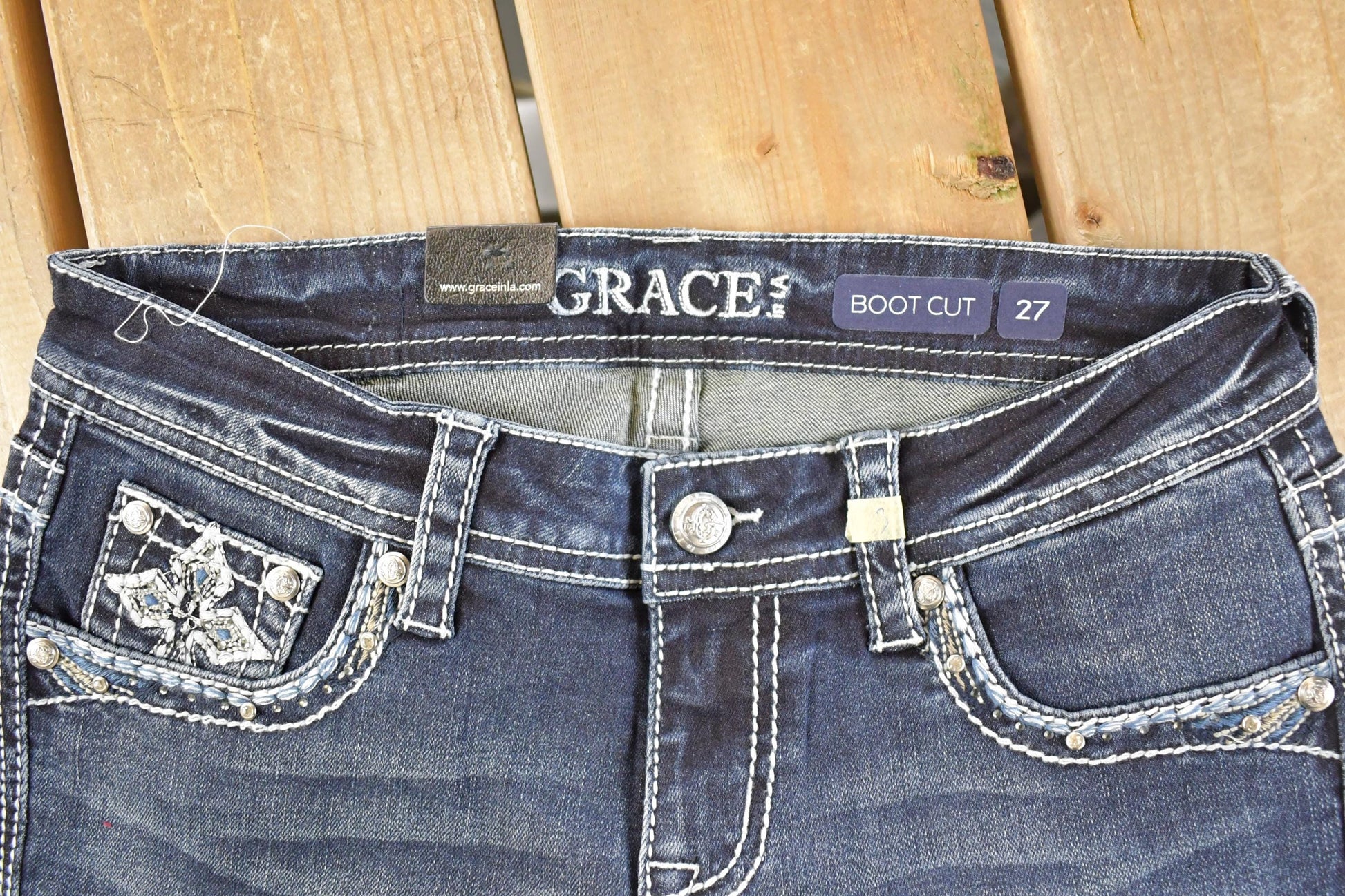 Vintage Deadstock Y2K Grace In LA Bedazzled Bootcut Low Rise Jeans Women's Size 27 x 32