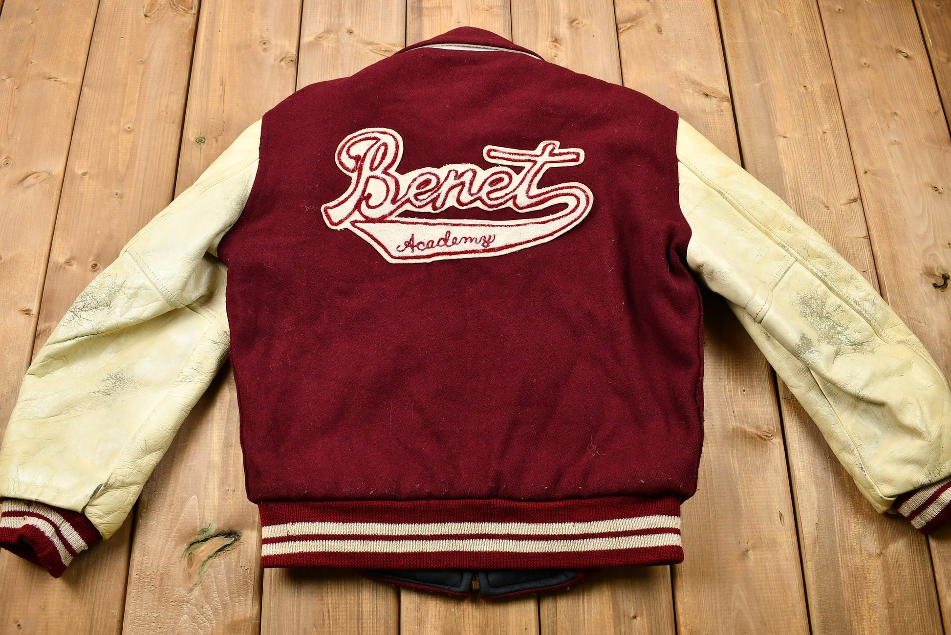 Vintage 1950s Distressed Benet Academy Letterman Varsity Jacket , True Vintage , John , Logan Knitting Mills , Made in USA , Bomber