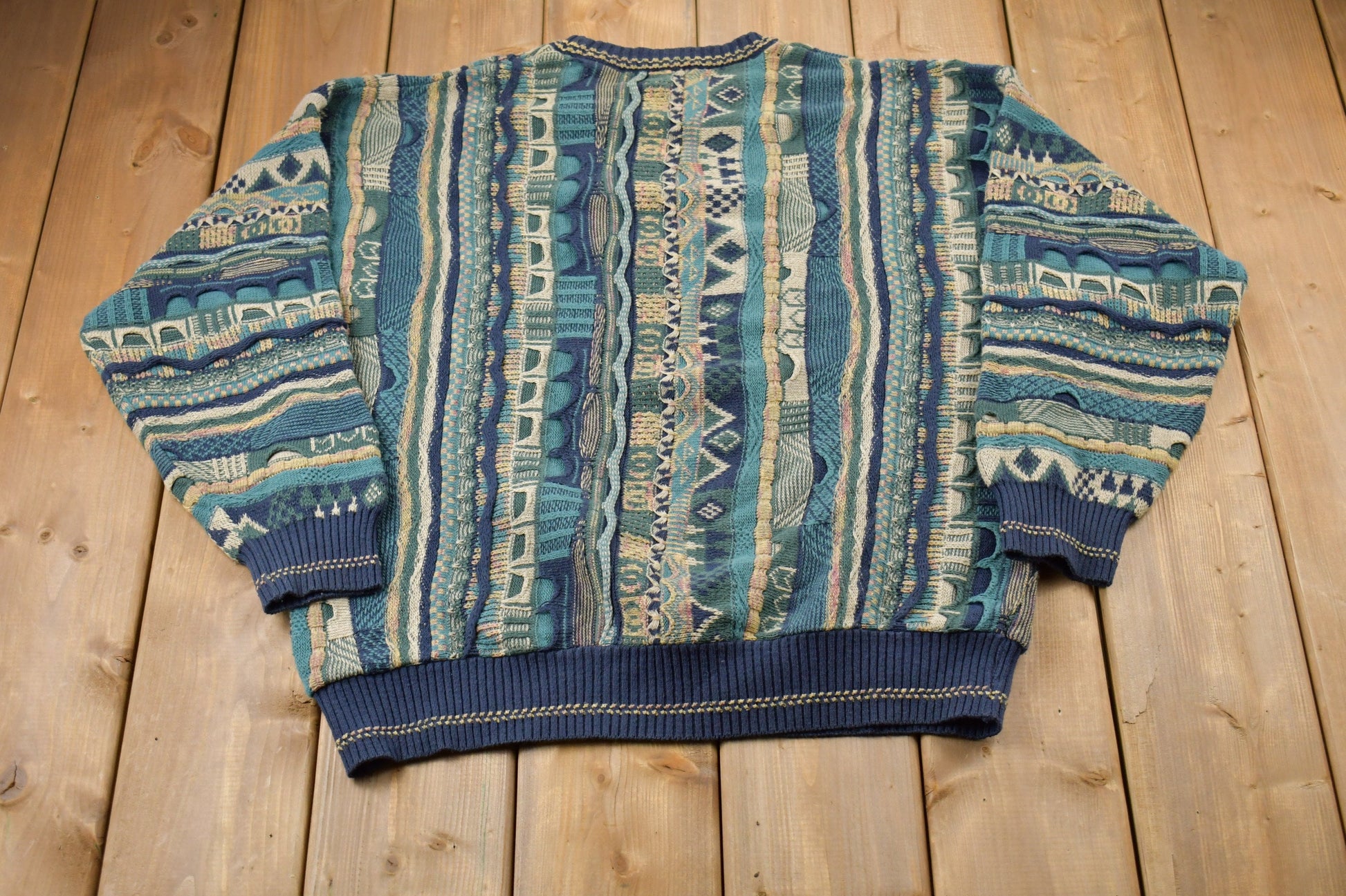 Vintage 1990s 3D Cable Knit Jacquard Knitted Sweater / Vintage 90s Crewneck / Pattern Sweater / Outdoor / Hand Knit / Pullover Sweatshirt