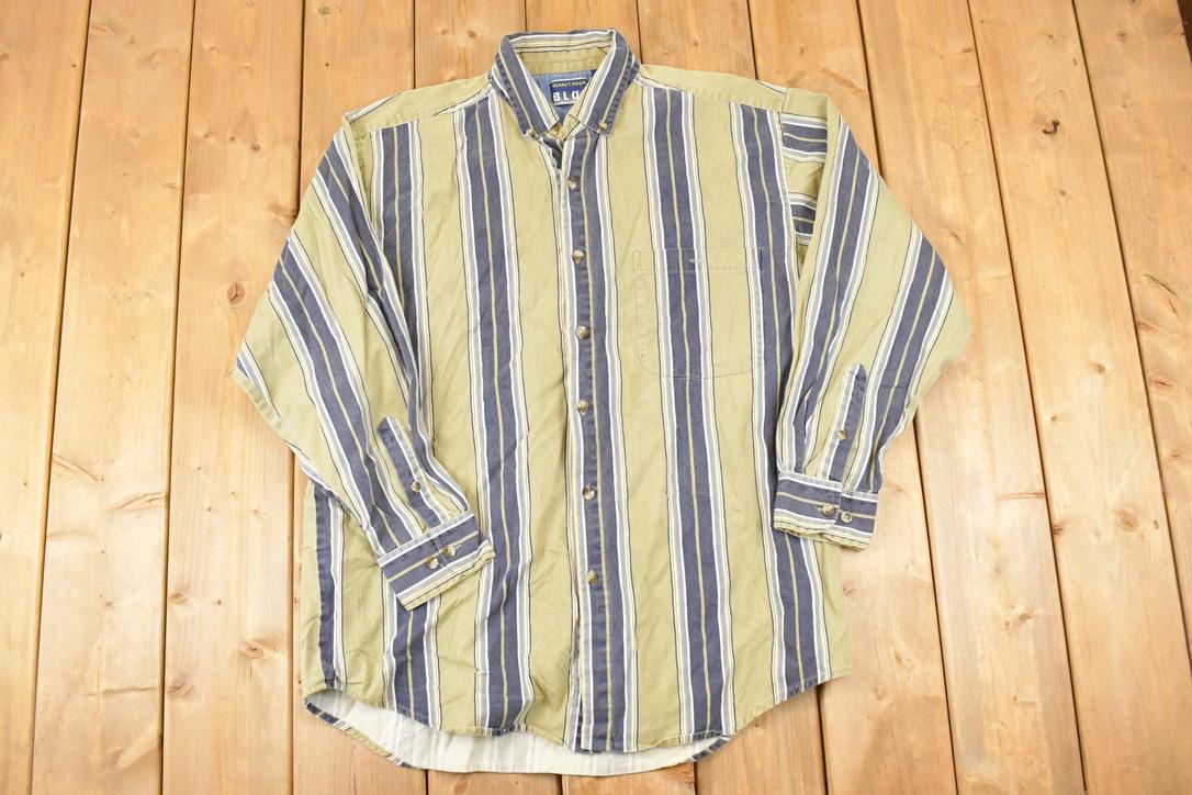 Vintage 1990s Santana Blue Striped Button Up Shirt Men's