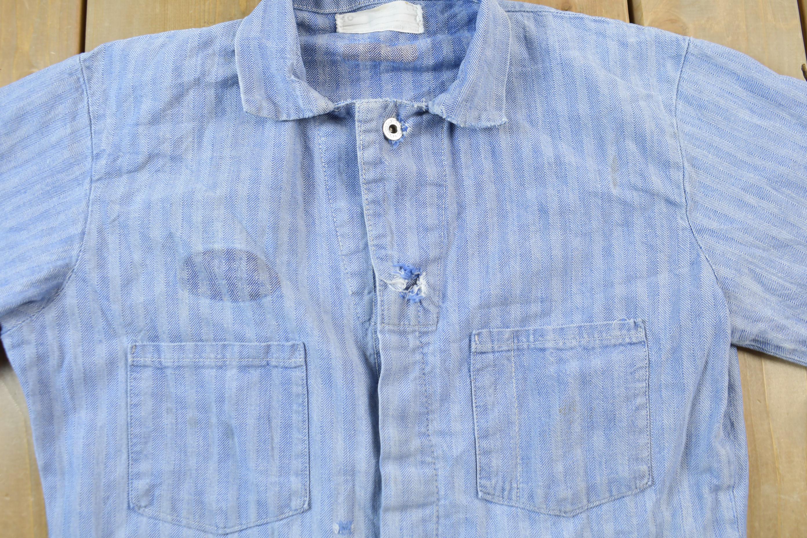 Vintage 1980s Distressed Hickory Striped Denim Coveralls Size 40