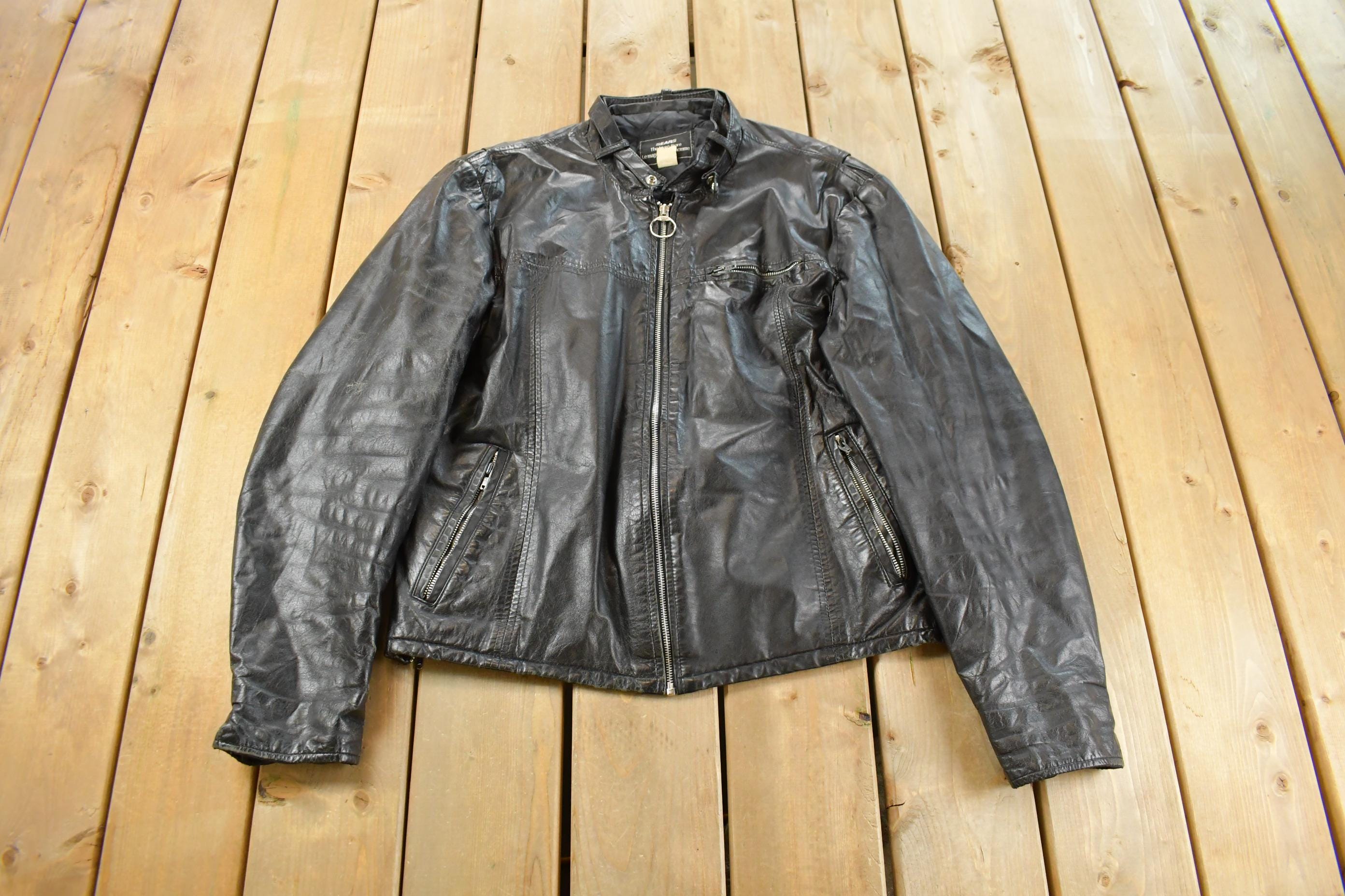 Vintage 1980s Sears Leather Moto Cafe Racer Biker Jacket Men's Large