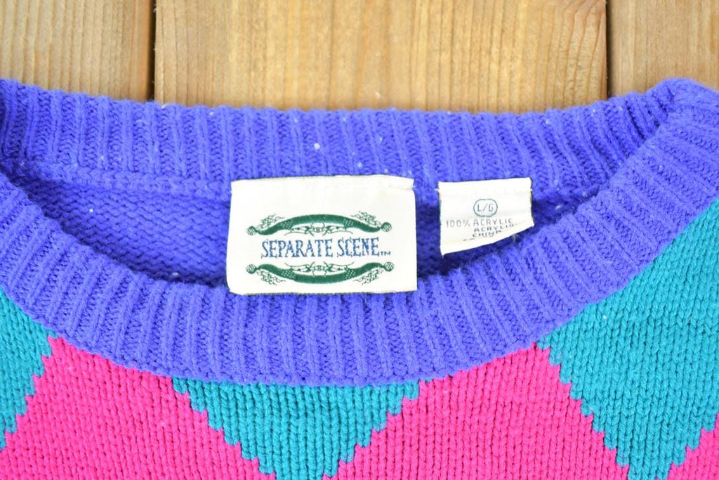 Vintage 1990s Separate Scene Knit Neon Abstract Pattern Crewneck Sweater Made In 90s Crewneck