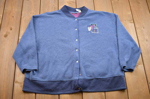 Vintage 1990s Embroidered Knitted Cardigan / Vintage 90s Cardigan / Pattern Sweater / Outdoor / Hand Knit / Cat Cardigan / 90s Blast