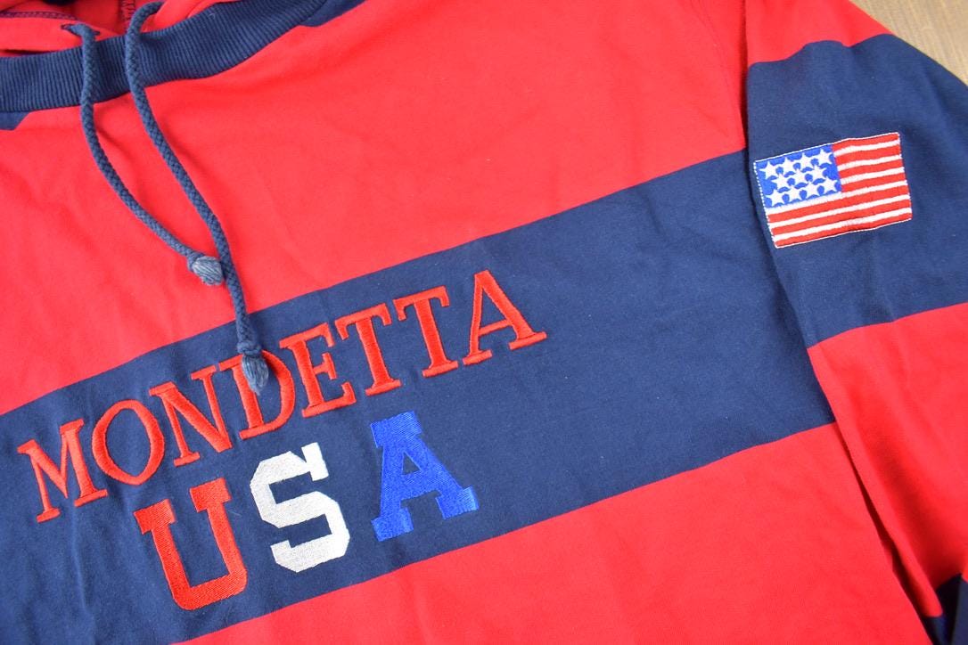 Vintage 1980s Mondetta USA Embroidered Striped Hoodie Size Medium