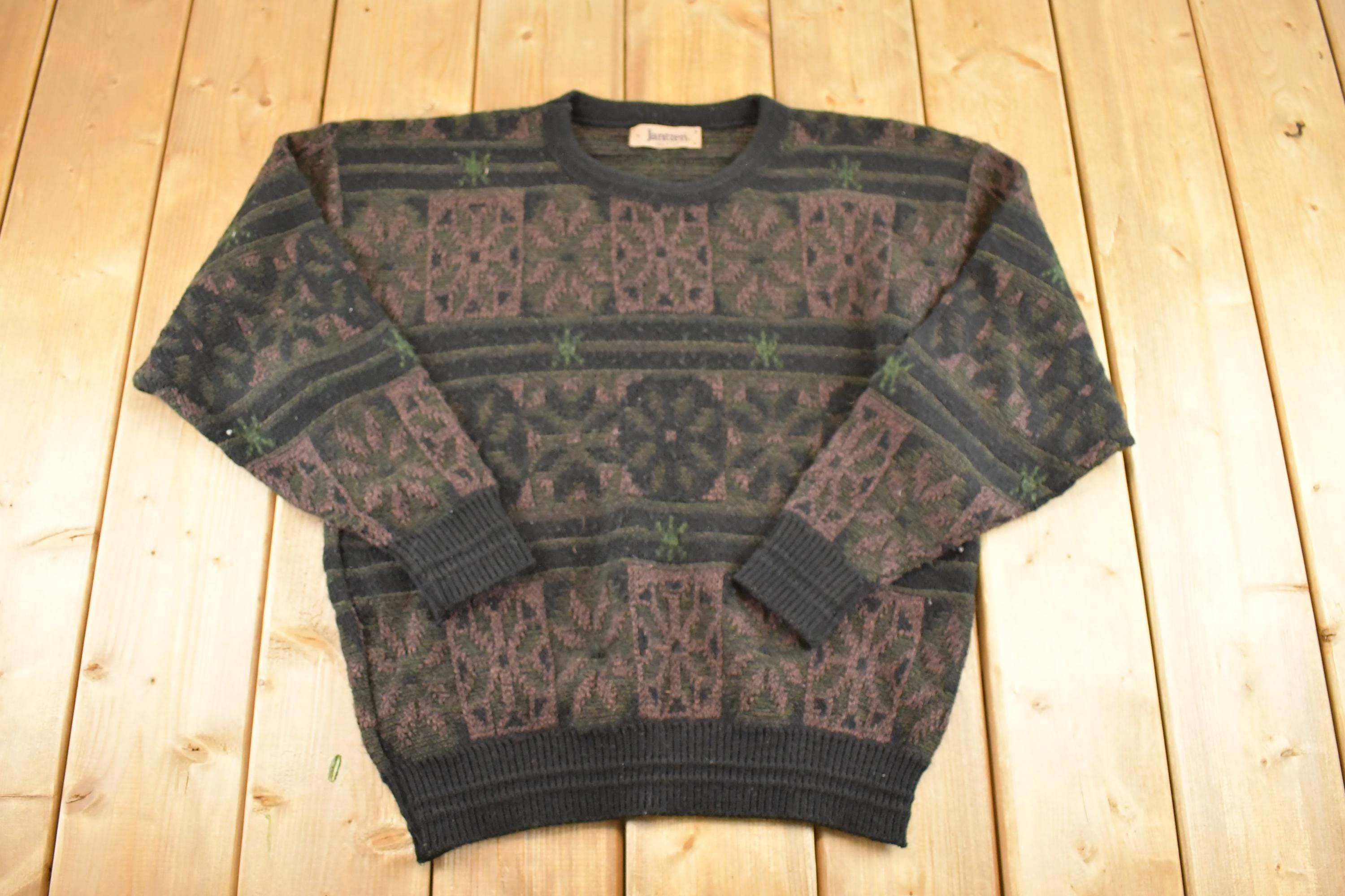 Vintage 1990s Jantzen Knit Crewneck Sweater Men's M / 90's Abstract Pattern 3D Knitted Sweatshirt