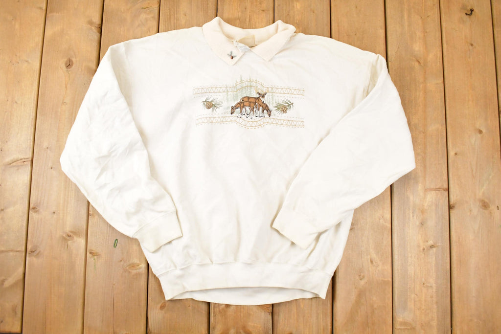 Vintage 1990s Top Stitch Embroidered Deer Graphic Print Collared Sweatshirt Womens L