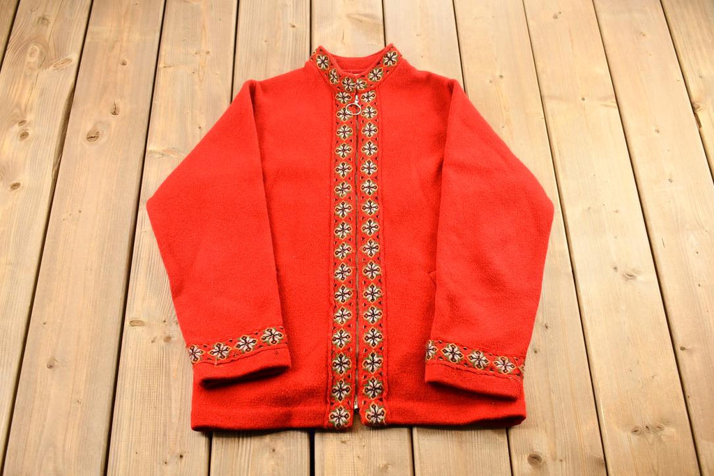 Vintage 1990s Norman 100% Virgin Wool Knit Red Full Zip Up Sweater