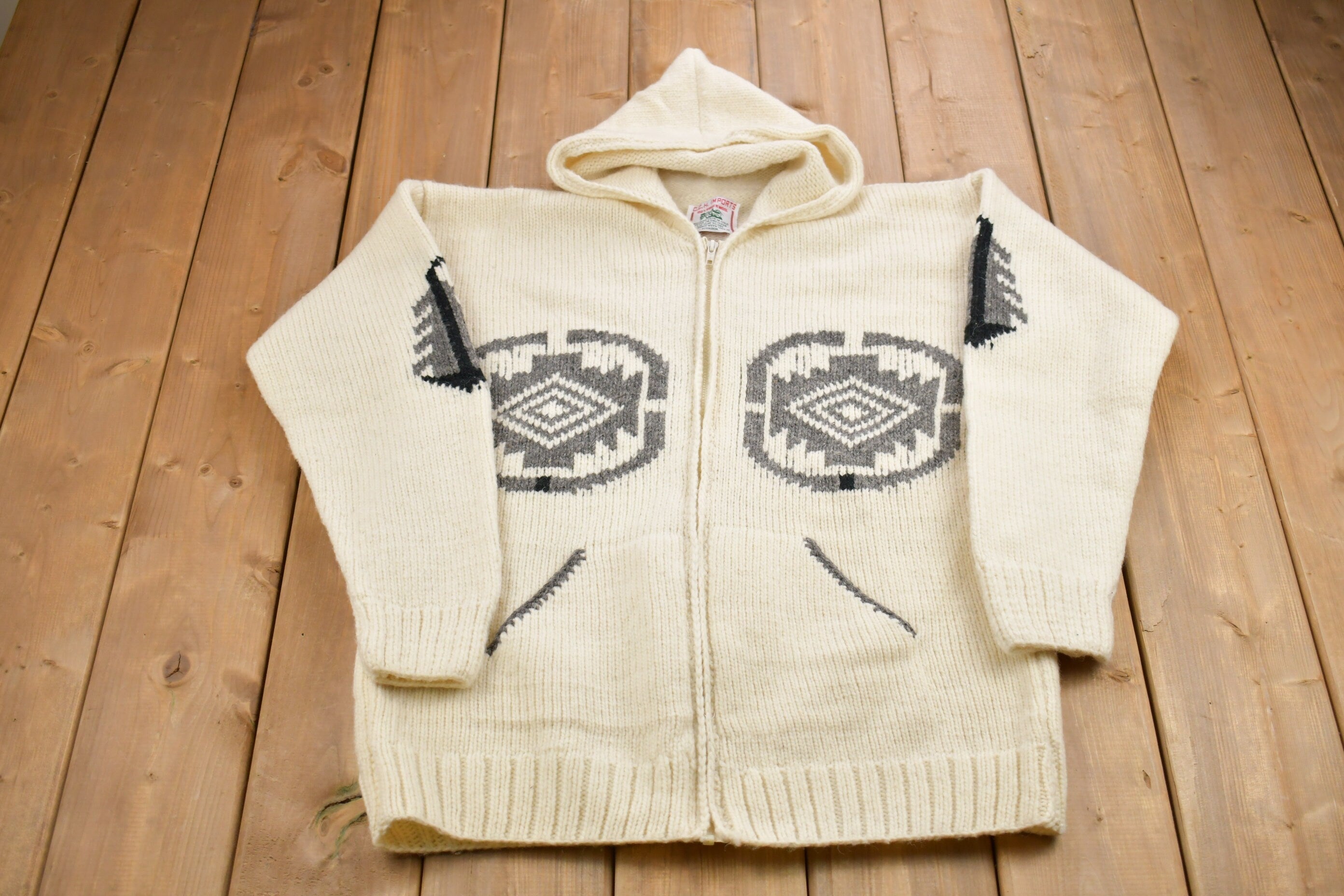 Vintage 1980s CC.H. Imports Virgin Wool Zip Up Aztec Graphic Dream Catcher Hoodie