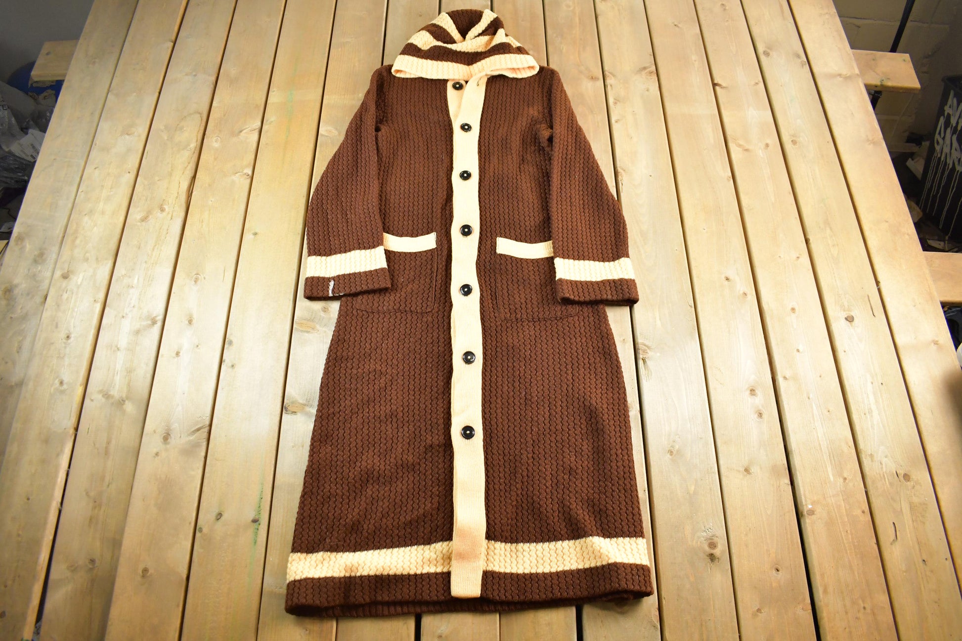 Vintage 1960s Knit Full Length Hooded Long Coat Men's Medium