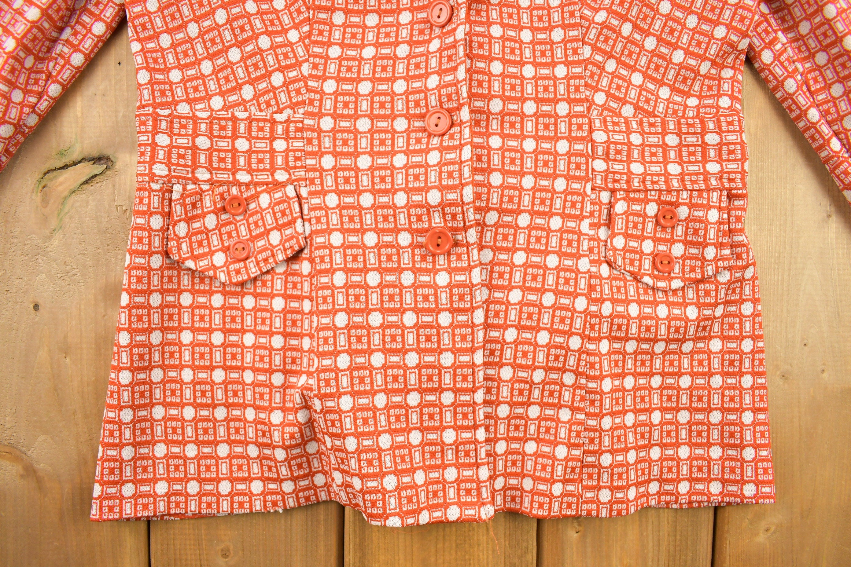 Vintage 1960s Orange Geo Metric Pattern Button Up Overcoat