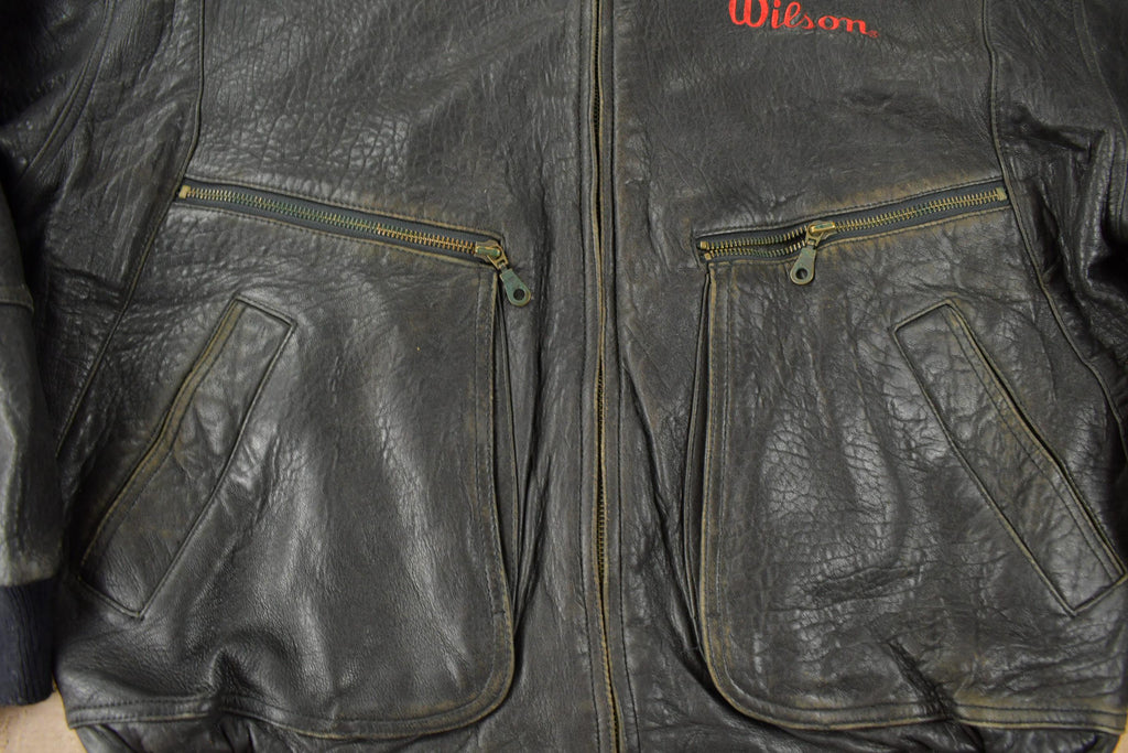 Vintage 1990s Wilson Golf & Tennis Team Embroidered Leather Bomber Jacket Size 46