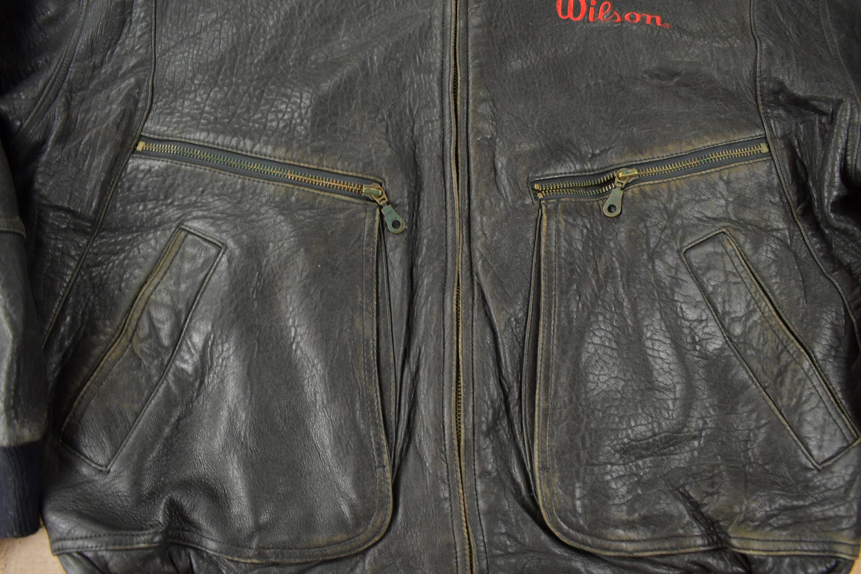 Vintage 1990s Wilson Golf & Tennis Team Embroidered Leather Bomber Jacket Size 46