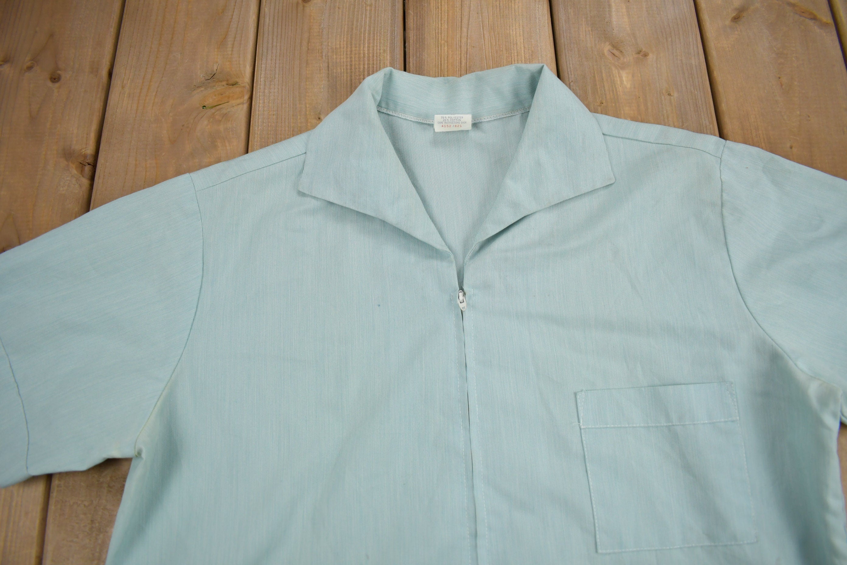 Vintage 1970s Blank Blue Zip Up Shirt  1970s Zip Shirt  True Vintage  Blank Shirt  Short Sleeve  Formal Shirt  Made In USA