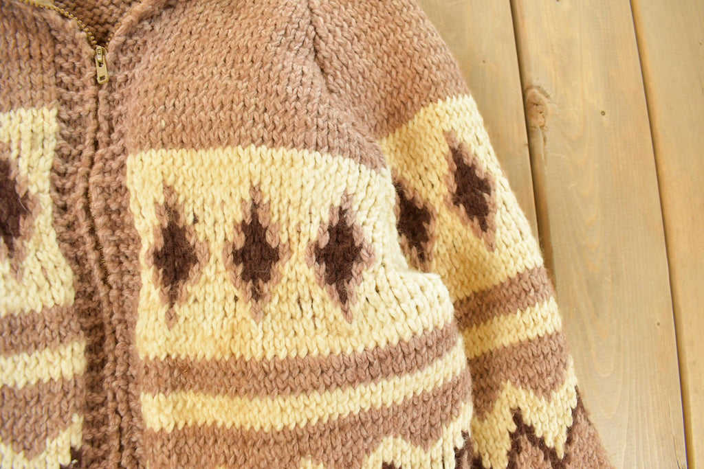 Vintage 1970s Cowichan Full Zip Hand Knit Sweater Men's Large