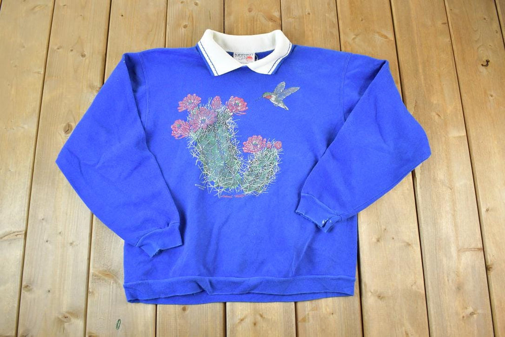 Vintage 1990s Morning Sun Floral Collared Souvenir Crewneck Sweatshirt Made In USA