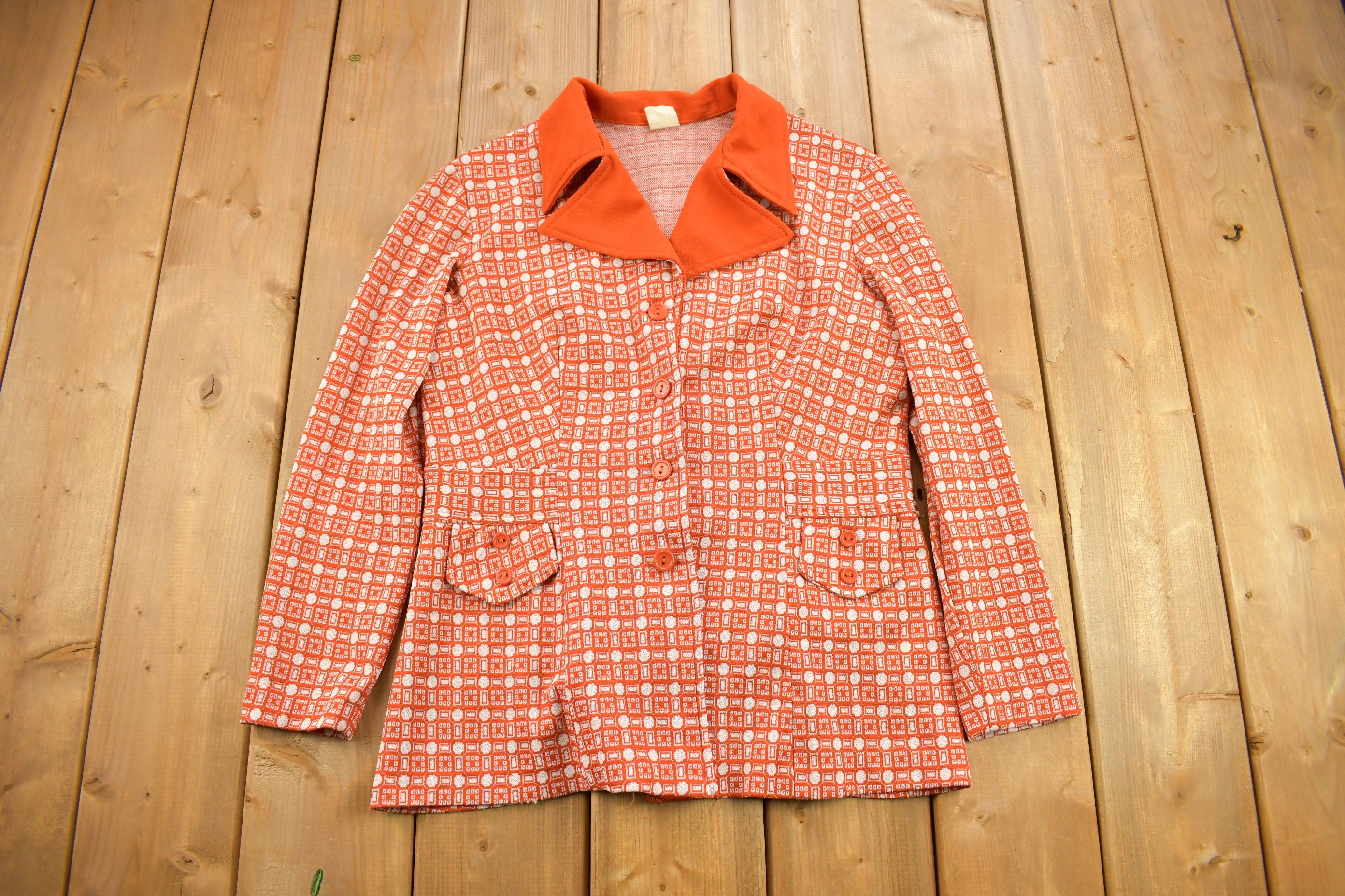 Vintage 1960s Orange Geo Metric Pattern Button Up Overcoat