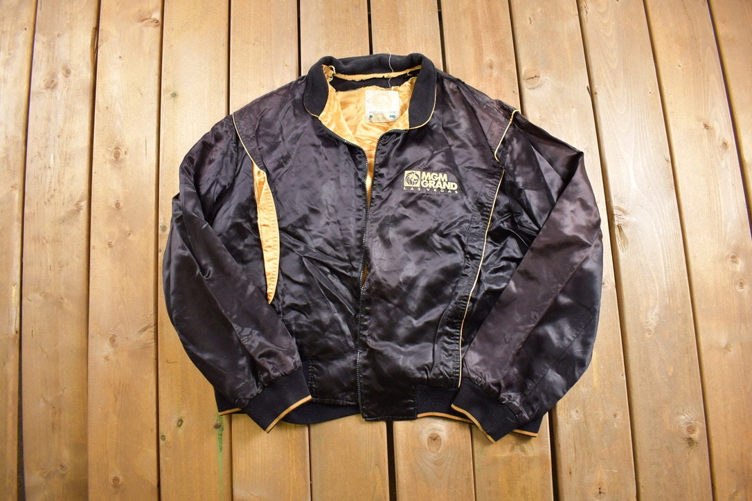 Vintage 1980s MGM Grand Las Vegas Satin Jacket  Made In USA  Embroidered  Streetwear  Zip Up  Lion's Head
