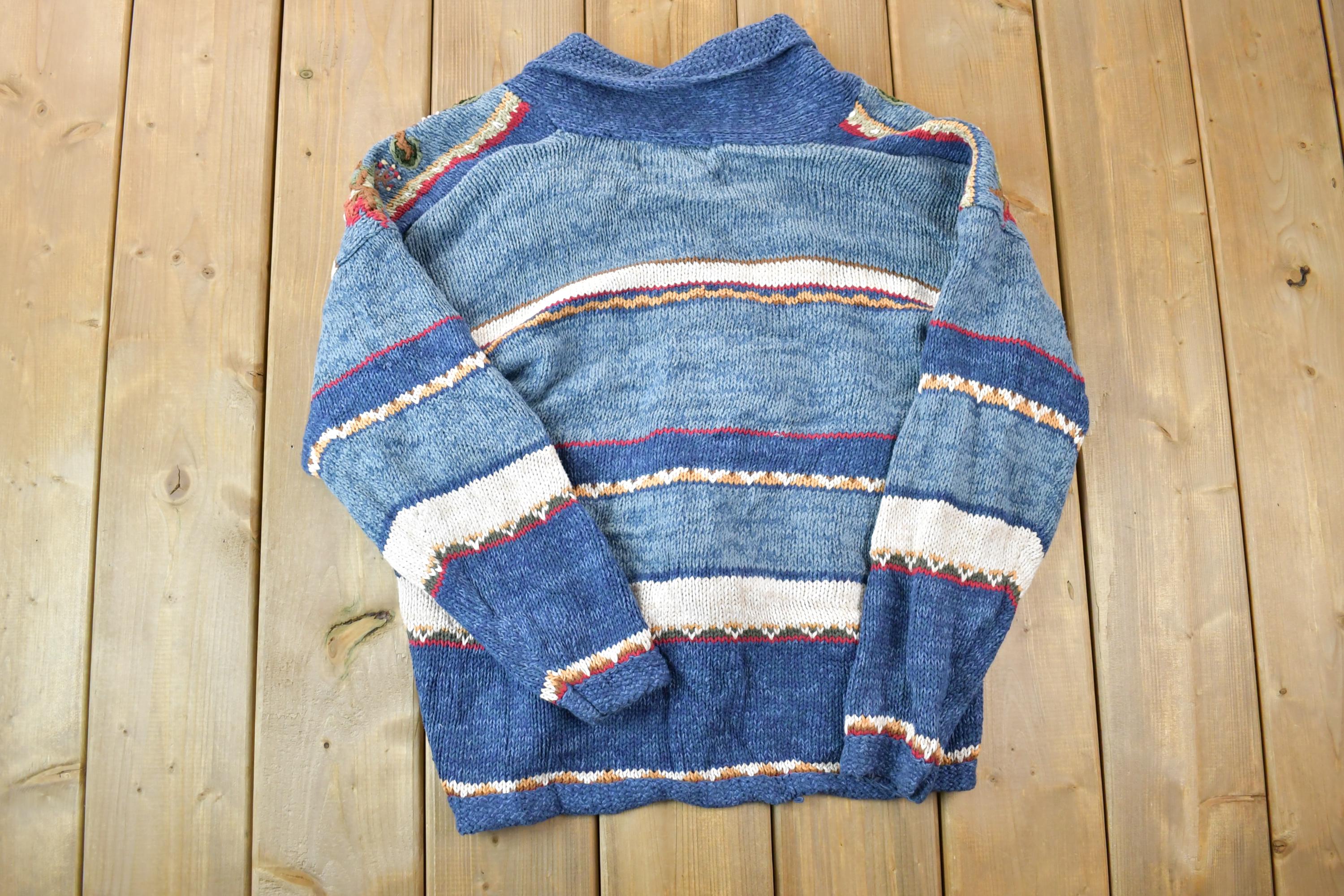Vintage 1990s Tiara International Holly Christmas heavy Full Button Up Knit Shawl Sweater  90s Crewneck  Made In USA  Preppy Knit