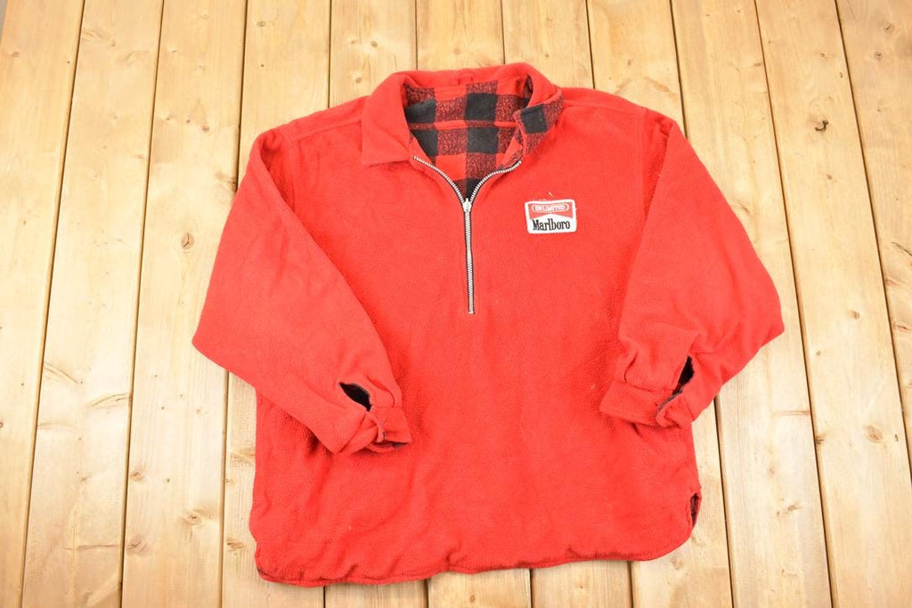 Vintage 1990s Marlboro Unlimited Plaid Collar Quarter Zip Fleece Outdoorsman Sweater Men's XL