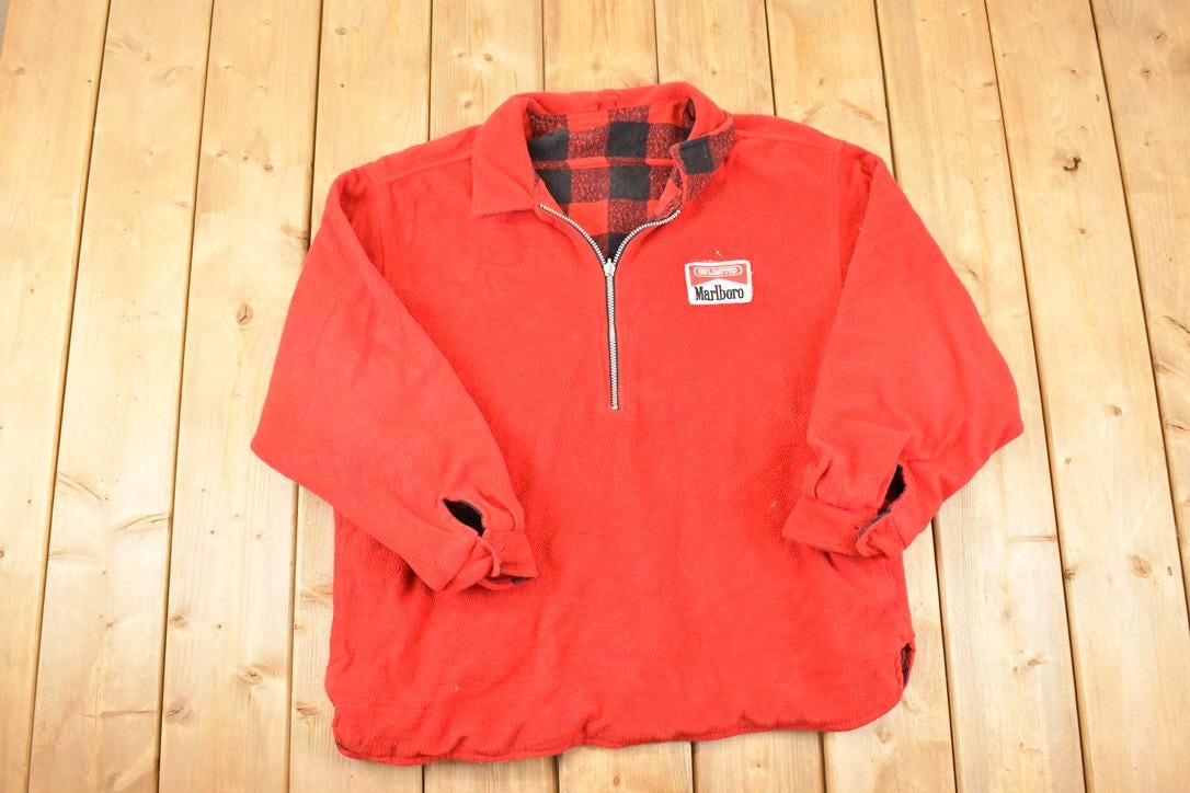 Vintage 1990s Marlboro Unlimited Plaid Collar Quarter Zip Fleece Outdoorsman Sweater Men's XL