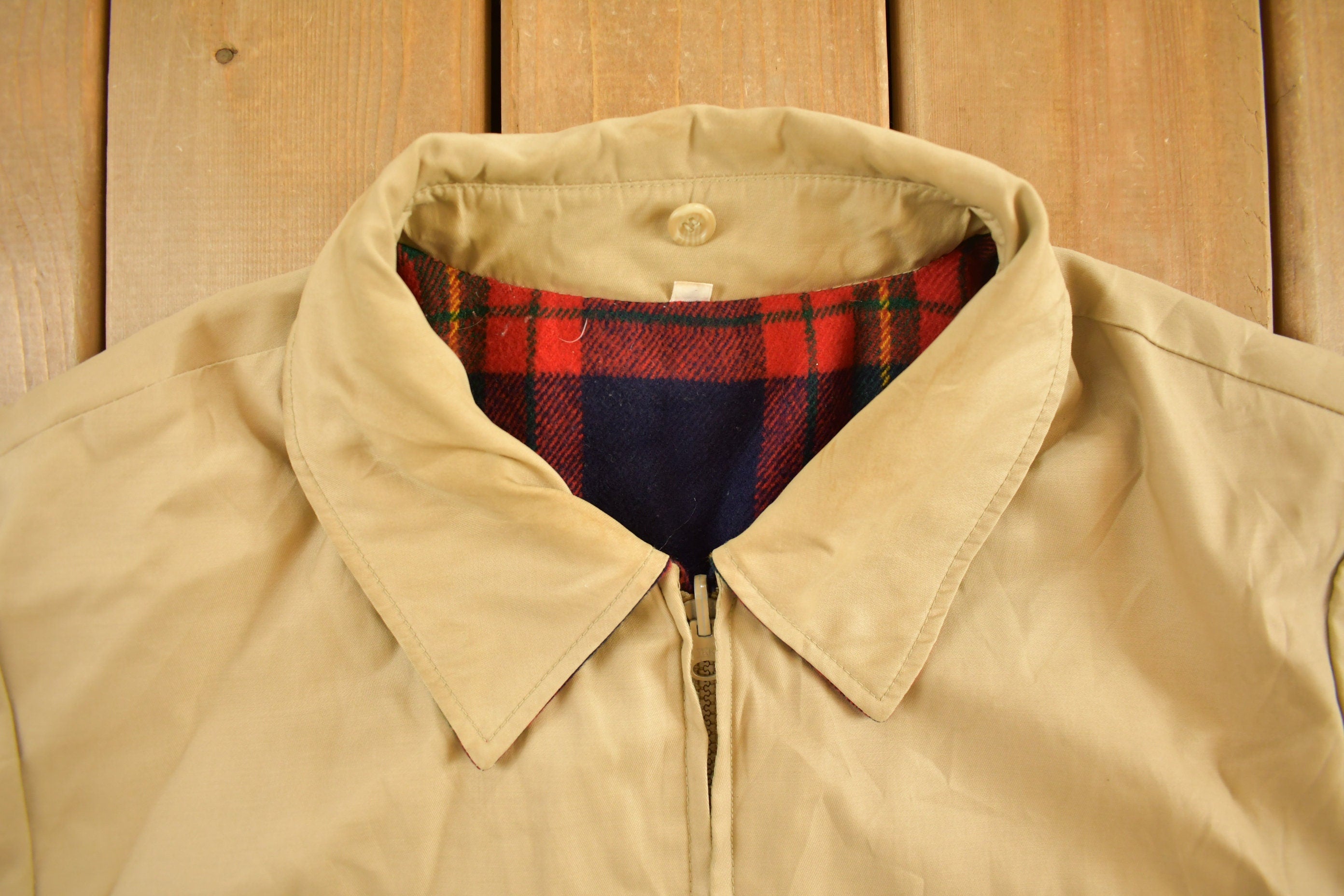 Vintage 1990s Plaid And Solid Beige Reversible Jacket