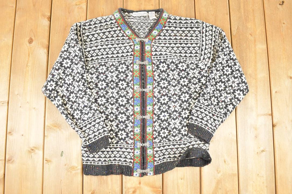Vintage 1980s Northern Isles Metal Clasp Abstract Knit Cardigan Sweater Women's S