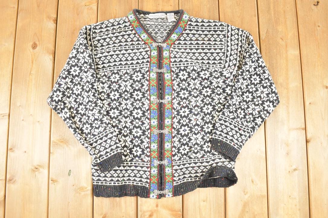 Vintage 1980s Northern Isles Metal Clasp Abstract Knit Cardigan Sweater Women's S
