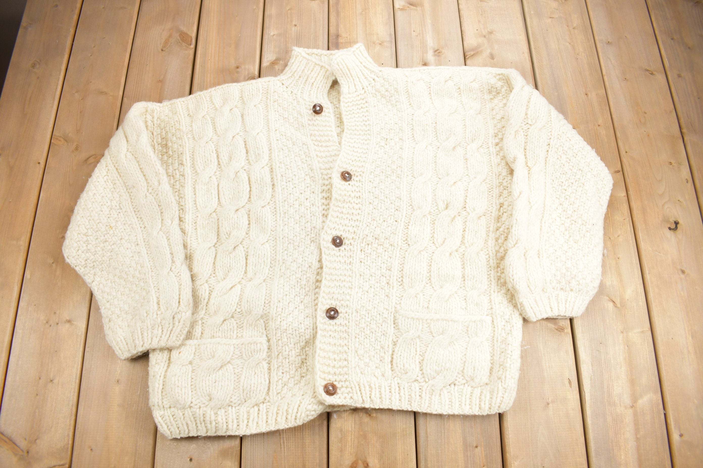 Vintage 1990s Venicia Imports 100% Wool Cable Knit Cardigan Sweater