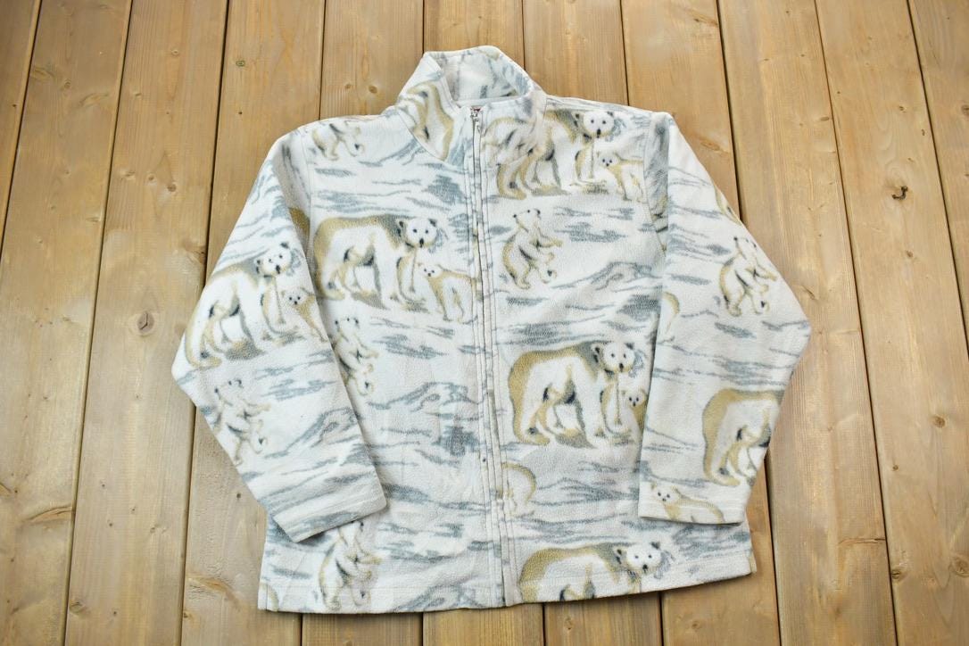 Vintage 1990s All Over Print Holiday Lodge Polar Bear Family Print Full Zip Fleece Sweater