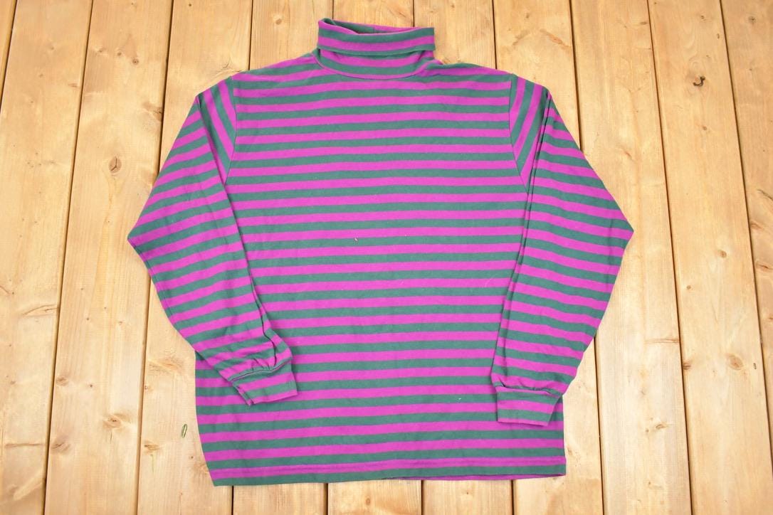 Vintage 1990s Trend Basics Striped Turtleneck Sweatshirt Mens L