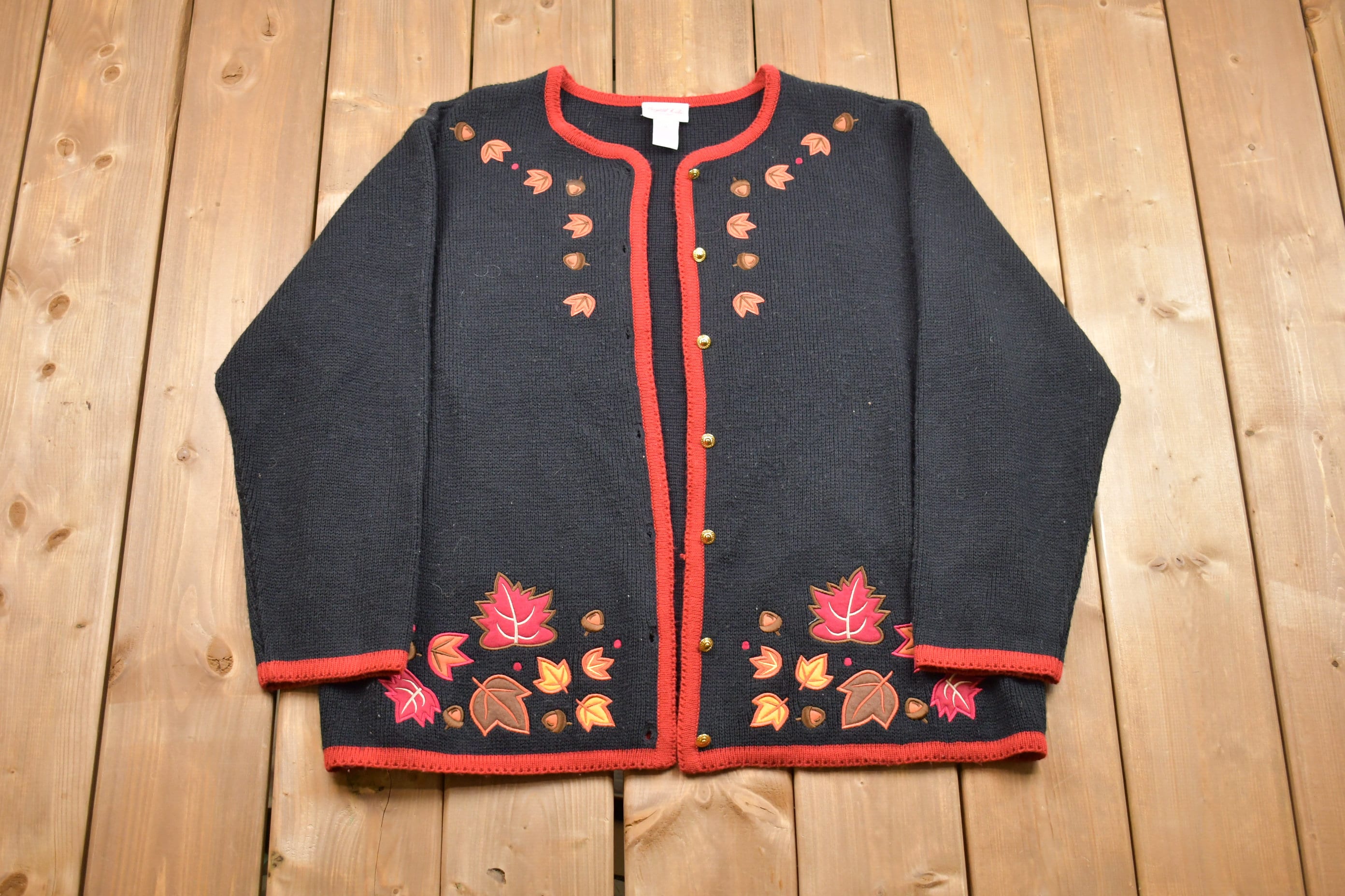 Vintage 1990s Crystal Kole Fall Season Festive Cardigan Sweater