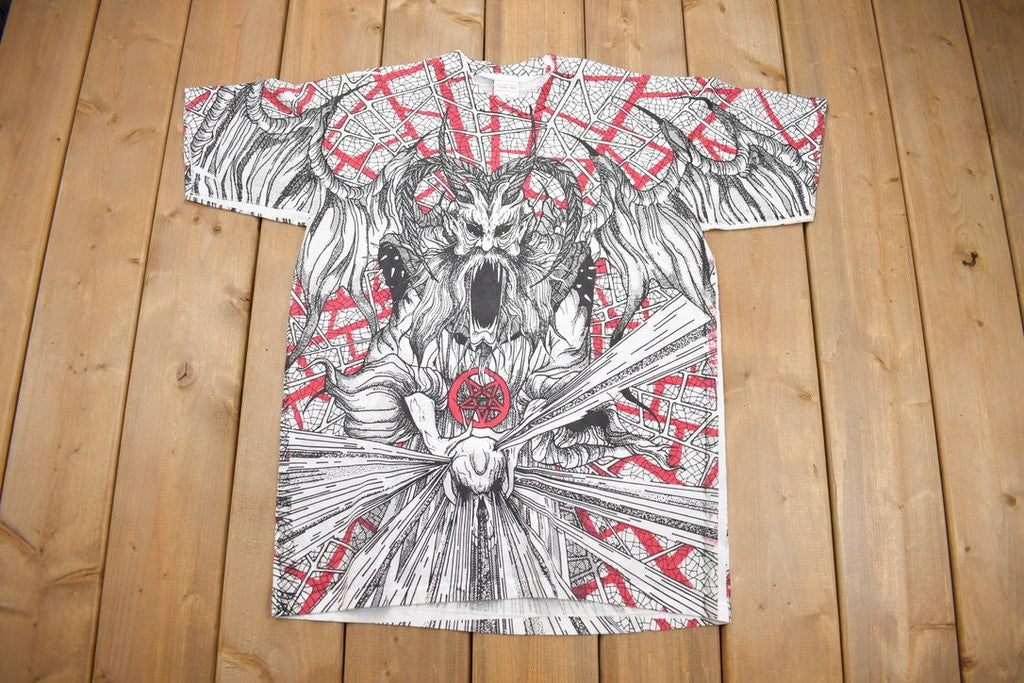 Vintage 1990s Morbid Rags Demon Graphic All Over Print T-Shirt