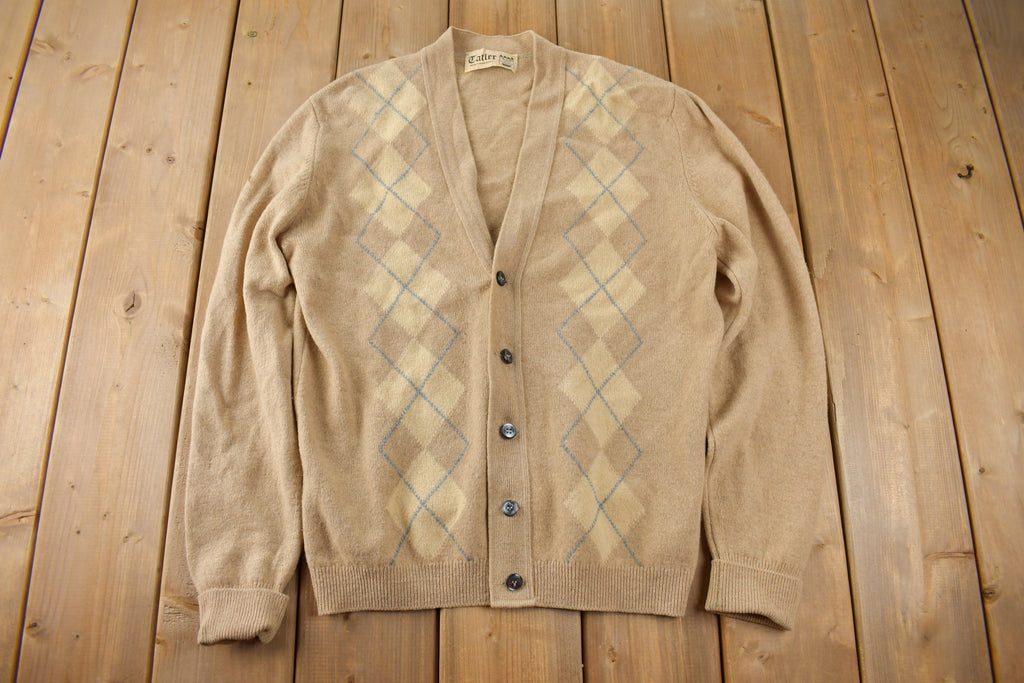 Vintage 1970s Catler Argyle Knit Cardigan Sweater Made In Great Britain Size Small