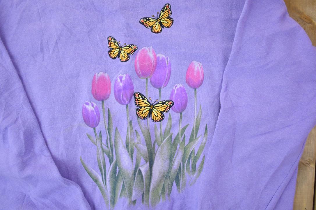 Vintage 1990s Top Stitch By Morning Sun Butterfly And Flowers Cute Double Collar Crew Neck Sweater
