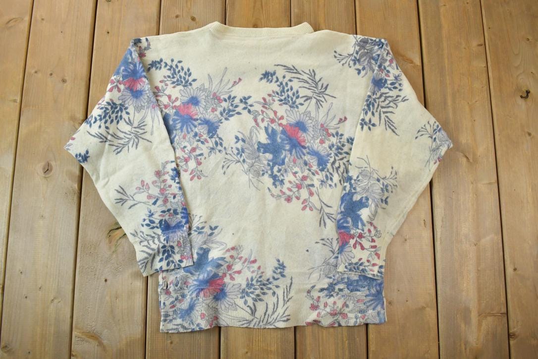 Vintage 1990s Cream Floral Knit Crewneck Sweater