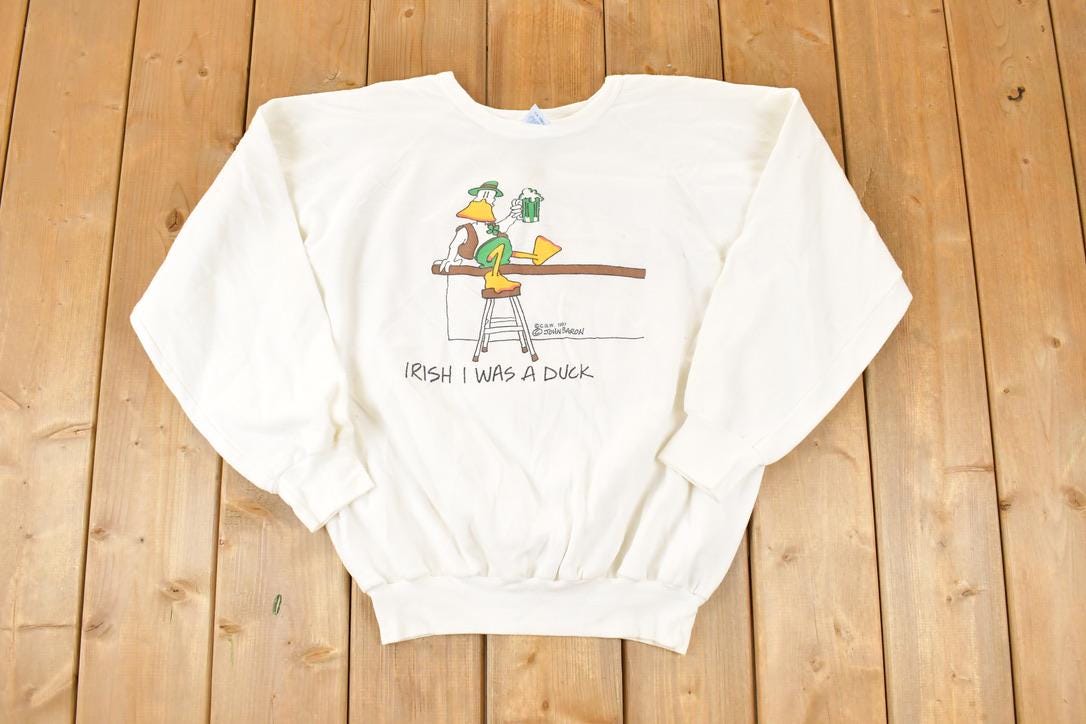 Vintage 1987 John Baron Irish I Was A Duck Cartoon Comedy Crewneck Sweatshirt Men's L / Made In USA / 80s Cartoon Destination Sweater