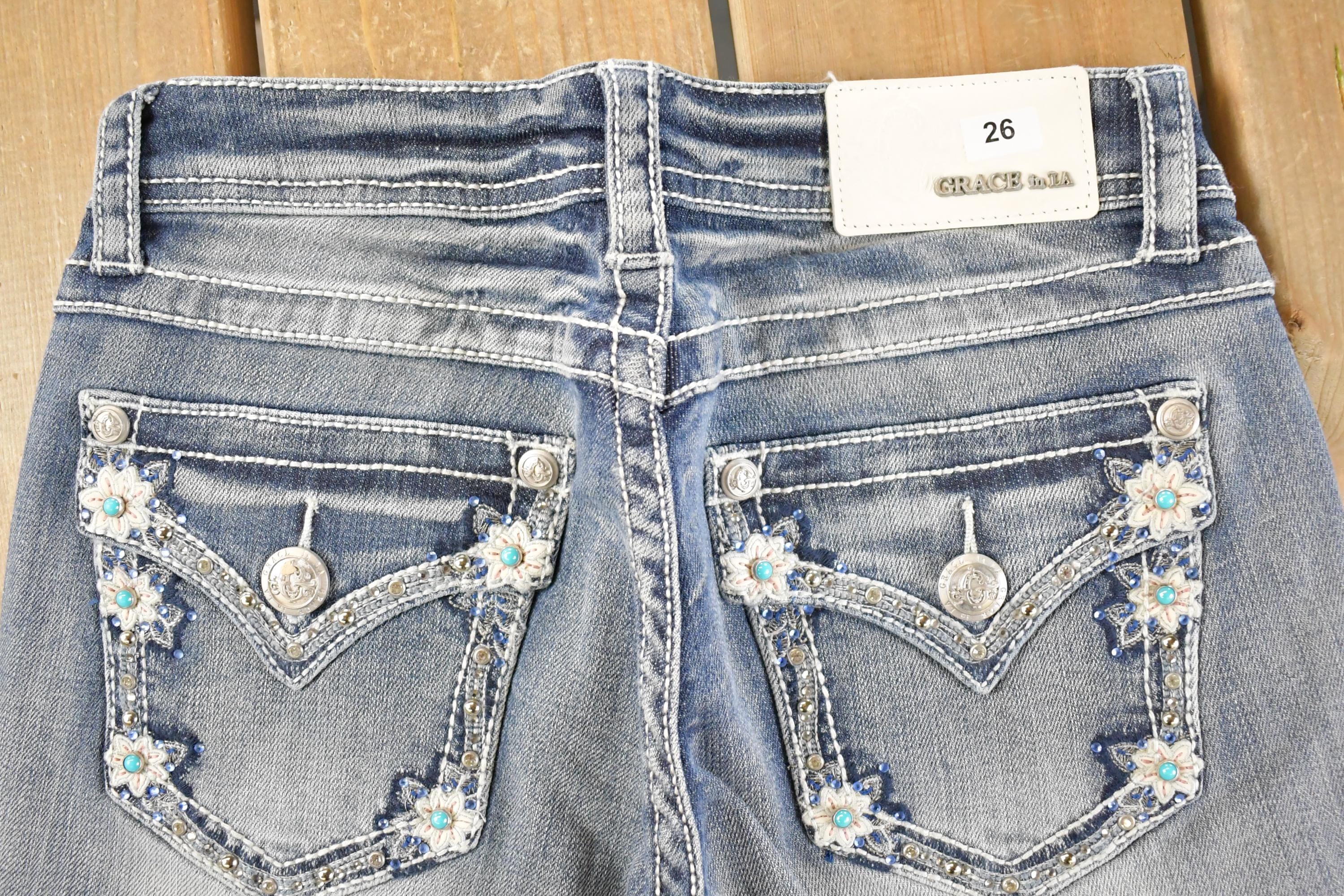 Vintage Deadstock Y2K Grace In LA Bedazzled Bootcut Low Rise Jeans Women's Size 26 x 32