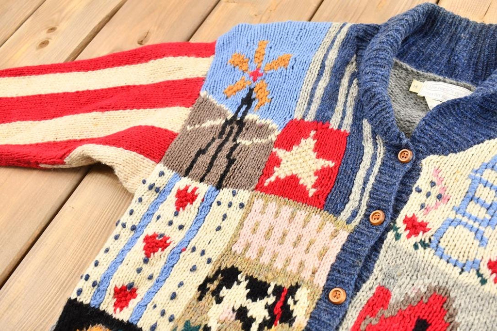 Vintage 1989 Eagles Eye 100% Wool Unique Textured American Flag and Granny Square Patchwork Knit Cardigan Sweater