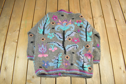 Vintage 1980s Tejidos Otavalo Wool Hand Knit Cardigan Sweater Adult L-XL / Made in Ecaudor / Floral Native Tribal Art Pattern / Heavyweight