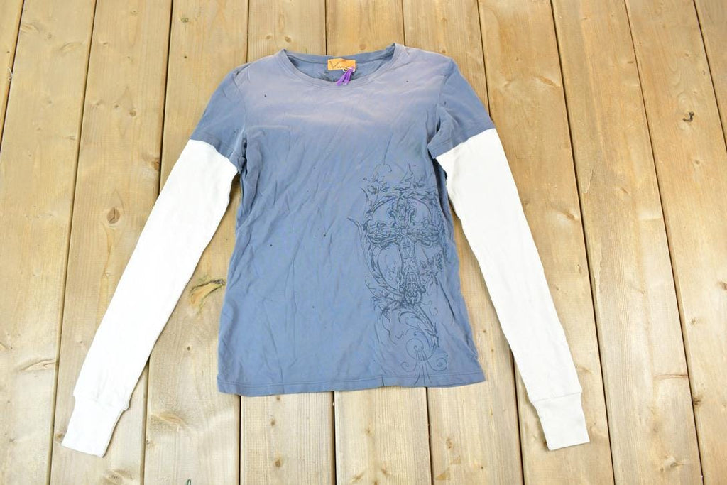 Women Vintage Vigoss Y2K Double Sleeve T-Shirt / Vigoss Grunge Skull Print / Contrast Stitch / Internet Famous Clothing / Over Dyed
