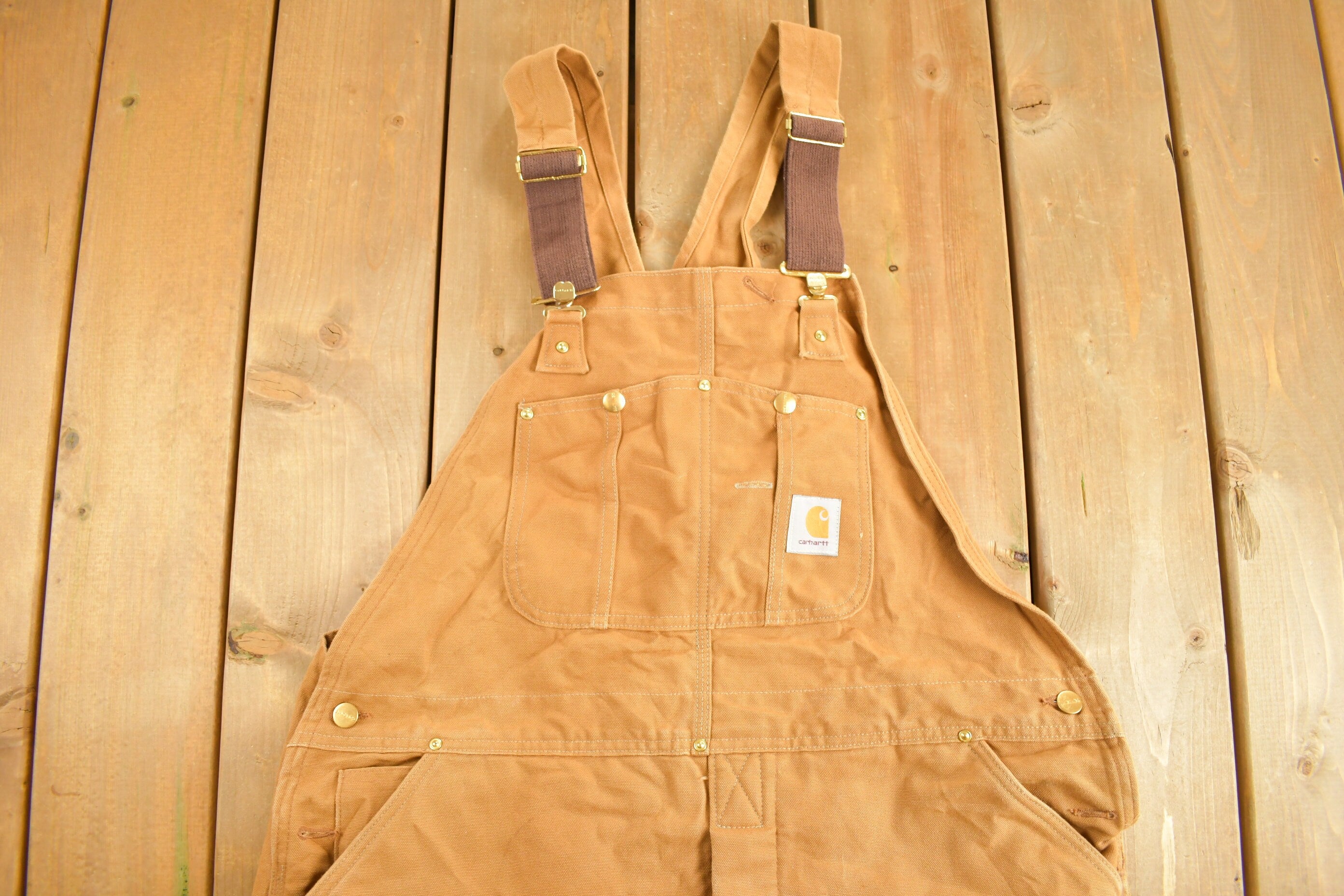 Vintage 1990s Carhartt Quilted Lined Double Knee Canvas Zip Overalls Size 42 x 30