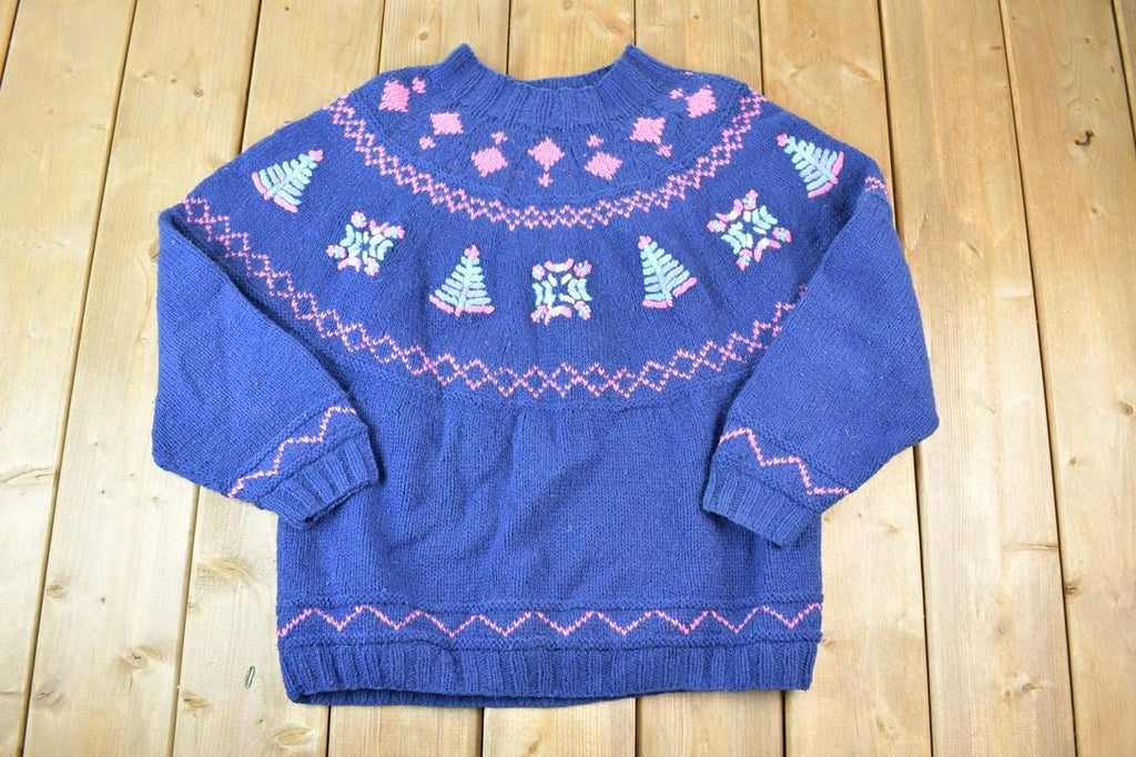Vintage 1990s Northern Isles Christmas Tree 100% Wool Knitted By Hand Crewneck Sweater